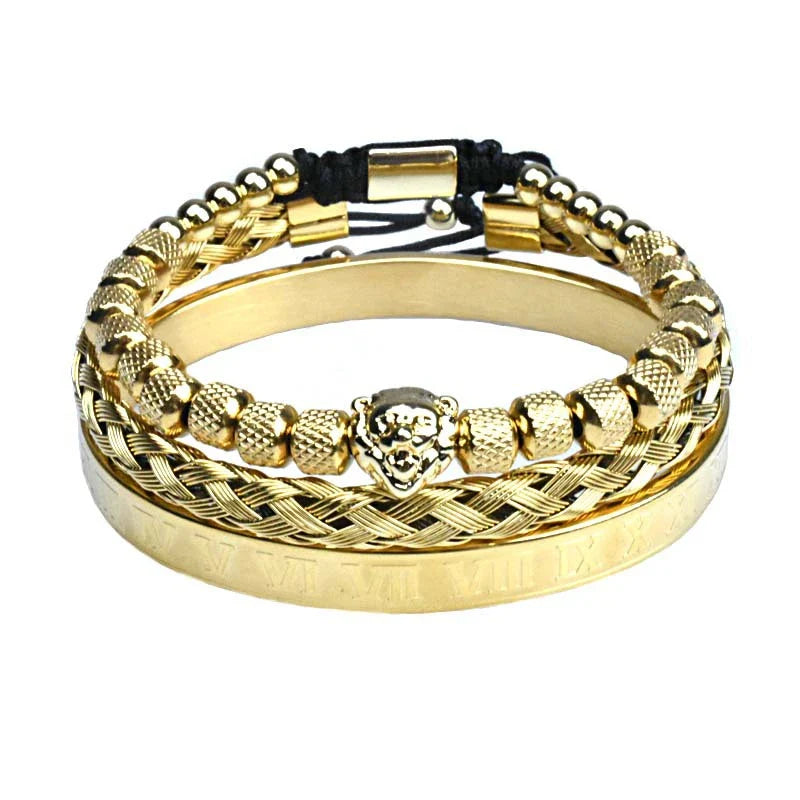 Pineapple beads mesh stainless steel lion's head braided bracelet in gold, platinum, and gun black finishes