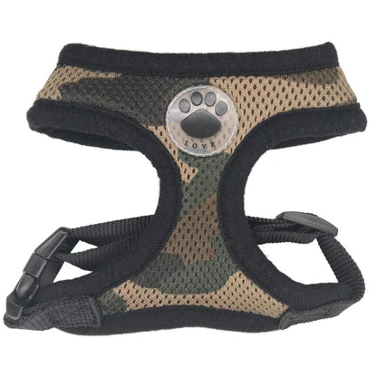 Breathable dog harness with stylish paw print design, made of durable nylon and breathable mesh panels for maximum comfort