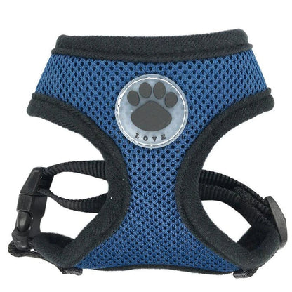 Breathable dog harness with stylish paw print design, made of durable nylon and breathable mesh panels for maximum comfort