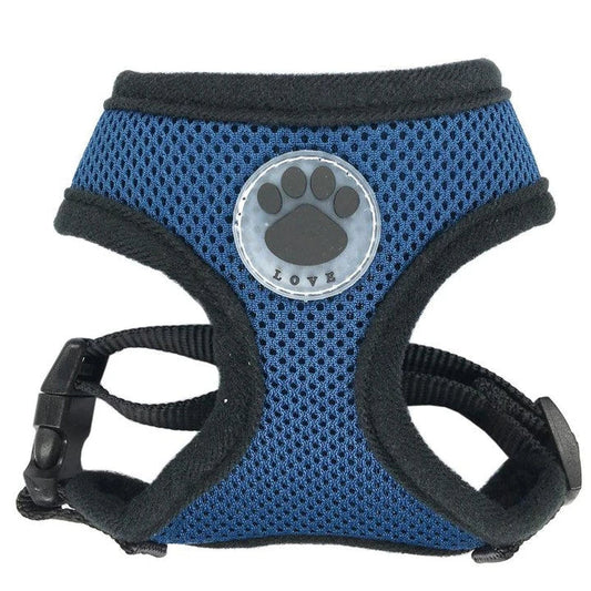 Breathable dog harness with stylish paw print design, made of durable nylon and breathable mesh panels for maximum comfort