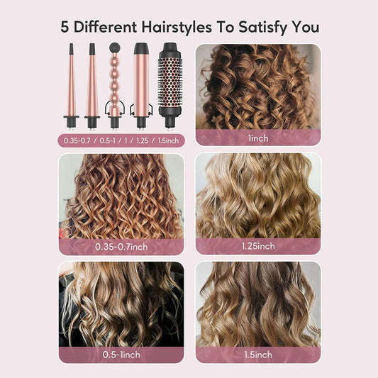 Professional 5-in-1 Curling Iron and Hot Air Brush Set by Trendha - Versatile Styling Tool with Ceramic Barrels and Safety Features