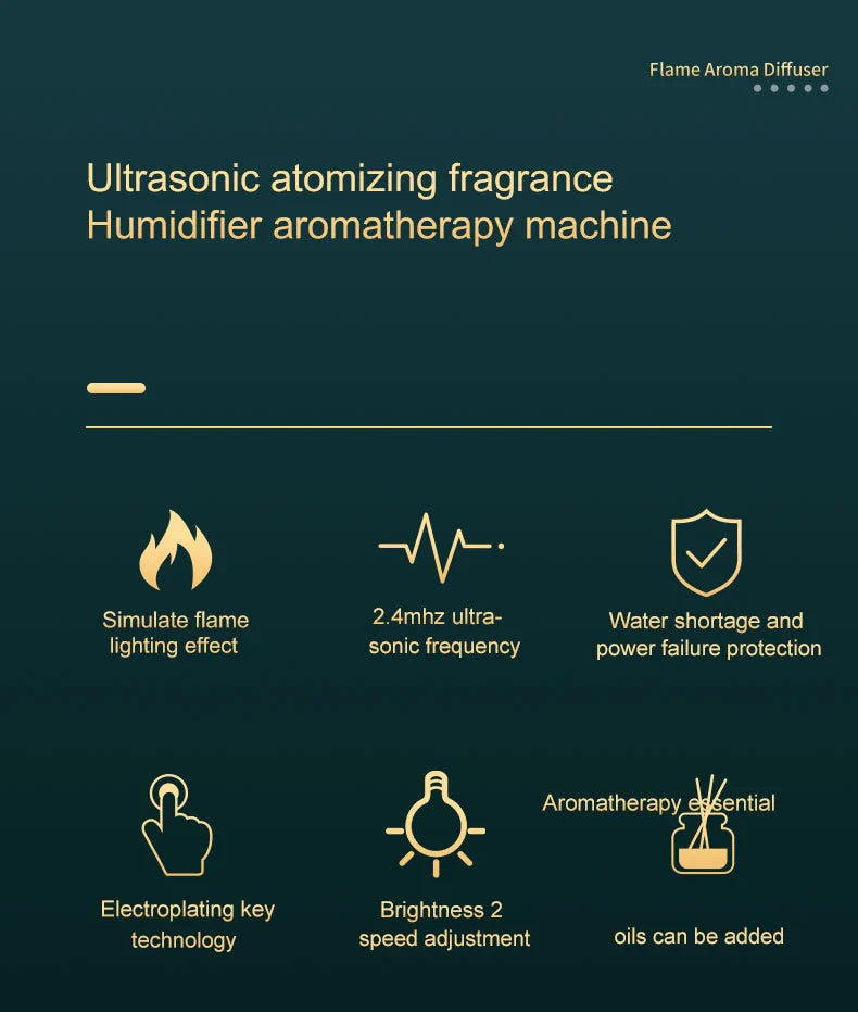 Flame Humidifier Aroma Diffuser with Ultrasonic Technology for Essential Oil Diffusion and Ambient Lighting
