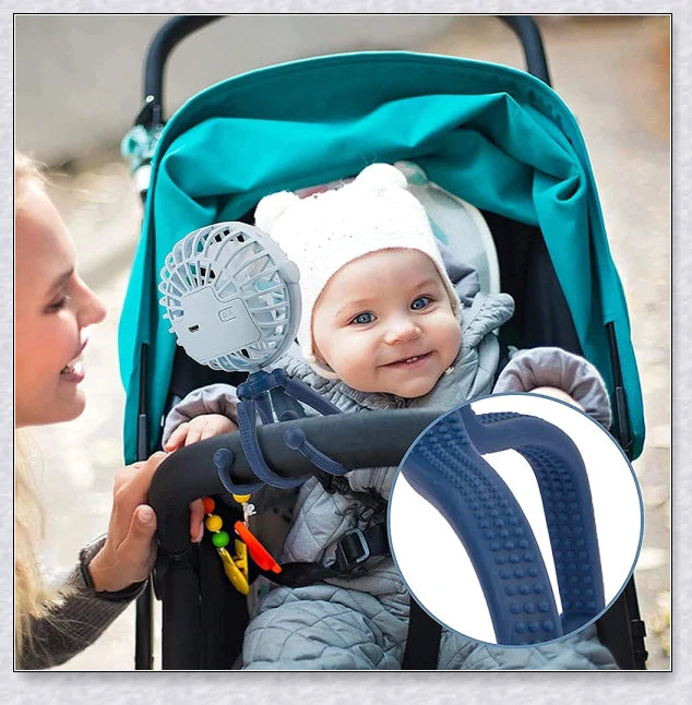 A rechargeable fan with a flexible tripod, designed to keep babies cool and comfortable while strolling or resting