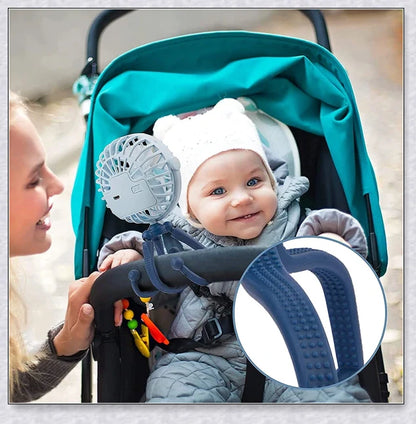 A rechargeable fan with a flexible tripod, designed to keep babies cool and comfortable while strolling or resting