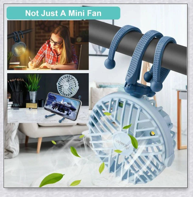 A rechargeable fan with a flexible tripod, designed to keep babies cool and comfortable while strolling or resting