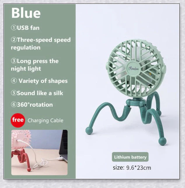 A rechargeable fan with a flexible tripod, designed to keep babies cool and comfortable while strolling or resting