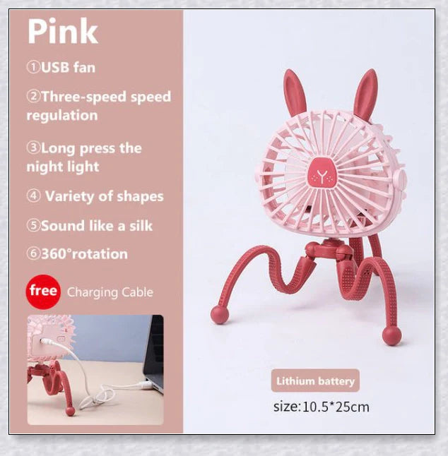 A rechargeable fan with a flexible tripod, designed to keep babies cool and comfortable while strolling or resting