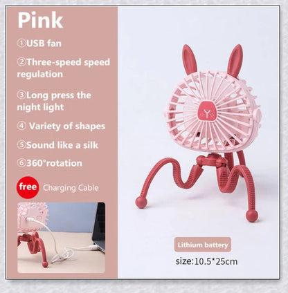 A rechargeable fan with a flexible tripod, designed to keep babies cool and comfortable while strolling or resting