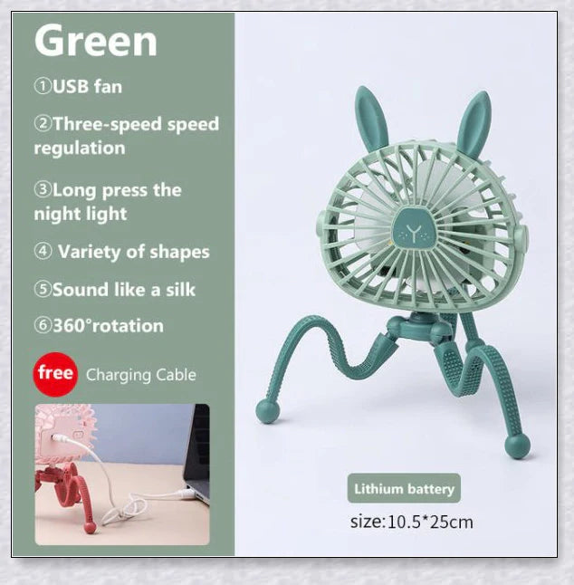A rechargeable fan with a flexible tripod, designed to keep babies cool and comfortable while strolling or resting