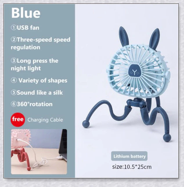 A rechargeable fan with a flexible tripod, designed to keep babies cool and comfortable while strolling or resting
