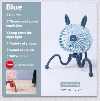 A rechargeable fan with a flexible tripod, designed to keep babies cool and comfortable while strolling or resting