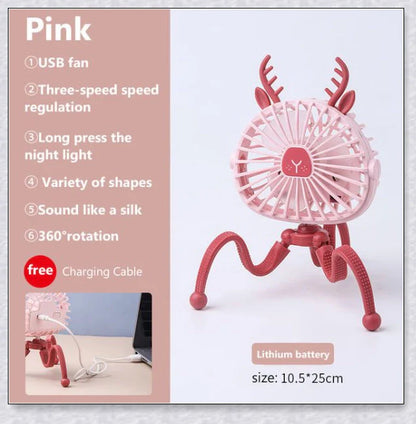 A rechargeable fan with a flexible tripod, designed to keep babies cool and comfortable while strolling or resting