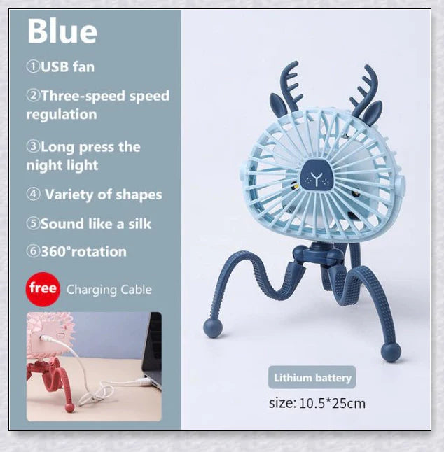 A rechargeable fan with a flexible tripod, designed to keep babies cool and comfortable while strolling or resting