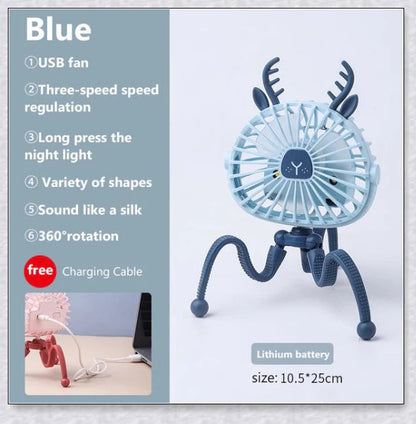 A rechargeable fan with a flexible tripod, designed to keep babies cool and comfortable while strolling or resting