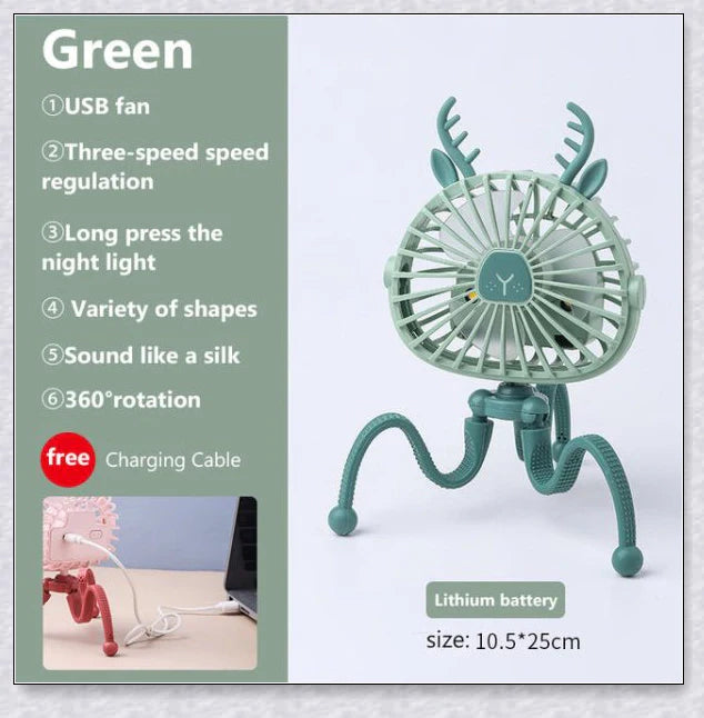 A rechargeable fan with a flexible tripod, designed to keep babies cool and comfortable while strolling or resting