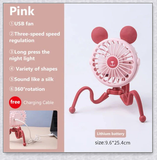 A rechargeable fan with a flexible tripod, designed to keep babies cool and comfortable while strolling or resting