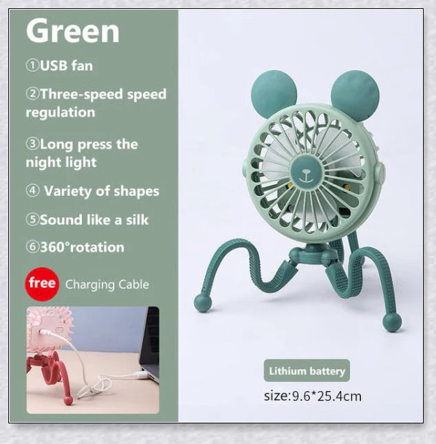 A rechargeable fan with a flexible tripod, designed to keep babies cool and comfortable while strolling or resting