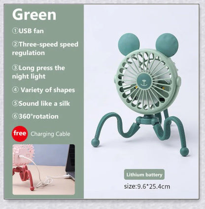 A rechargeable fan with a flexible tripod, designed to keep babies cool and comfortable while strolling or resting
