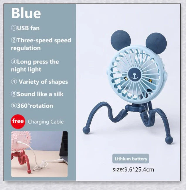 A rechargeable fan with a flexible tripod, designed to keep babies cool and comfortable while strolling or resting