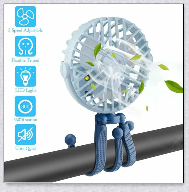 A rechargeable fan with a flexible tripod, designed to keep babies cool and comfortable while strolling or resting