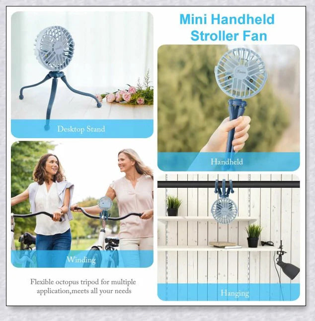 A rechargeable fan with a flexible tripod, designed to keep babies cool and comfortable while strolling or resting
