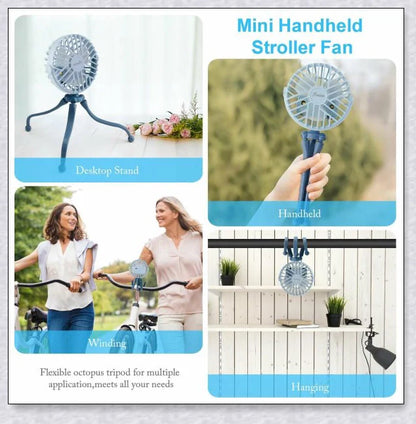 A rechargeable fan with a flexible tripod, designed to keep babies cool and comfortable while strolling or resting