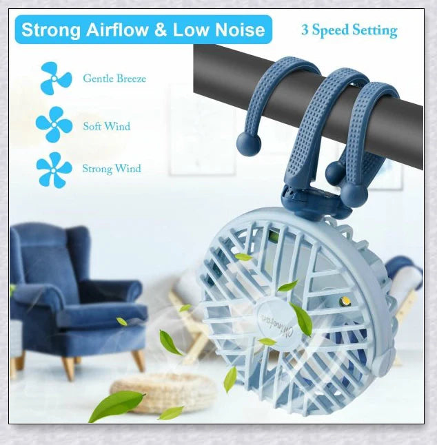 A rechargeable fan with a flexible tripod, designed to keep babies cool and comfortable while strolling or resting