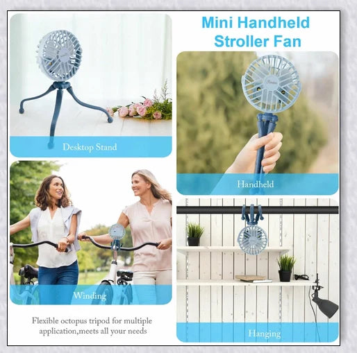 A rechargeable fan with a flexible tripod, designed to keep babies cool and comfortable while strolling or resting