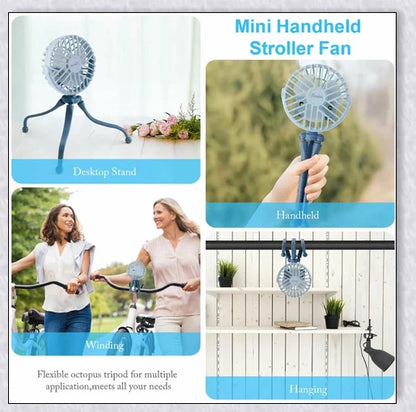 A rechargeable fan with a flexible tripod, designed to keep babies cool and comfortable while strolling or resting