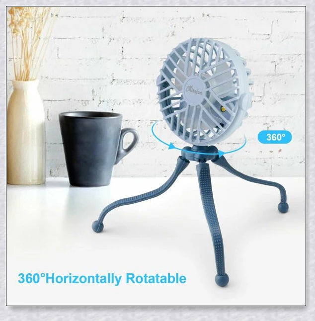 A rechargeable fan with a flexible tripod, designed to keep babies cool and comfortable while strolling or resting