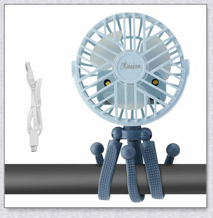 A rechargeable fan with a flexible tripod, designed to keep babies cool and comfortable while strolling or resting