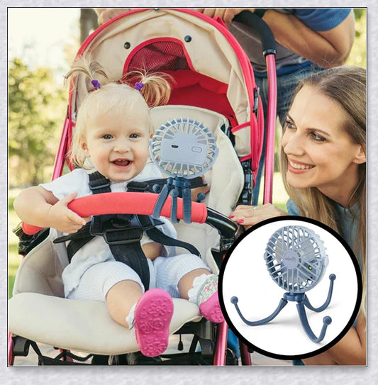 A rechargeable fan with a flexible tripod, designed to keep babies cool and comfortable while strolling or resting