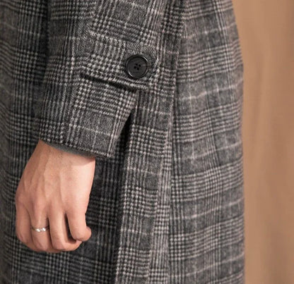 Men's wool-blend mid-length coat in a classic black grey colour, featuring a tailored silhouette and premium details for sophisticated winter style.