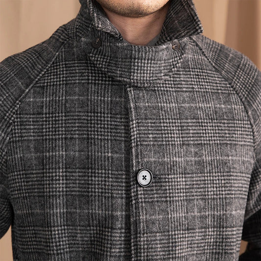 Men's wool-blend mid-length coat in a classic black grey colour, featuring a tailored silhouette and premium details for sophisticated winter style.