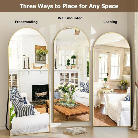 Elegant arched full-length gold mirror with high-definition aluminum frame, providing a clear and accurate reflection for daily use.