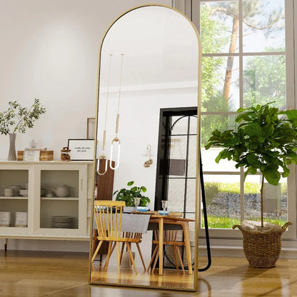 Elegant arched full-length gold mirror with high-definition aluminum frame, providing a clear and accurate reflection for daily use.