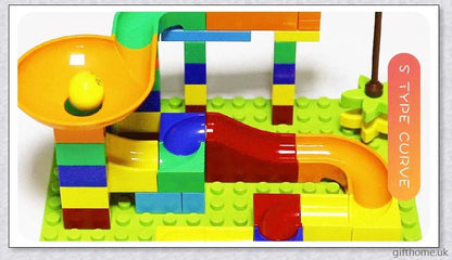 Colourful marble run building blocks in various sizes, perfect for developing problem-solving and creativity in children