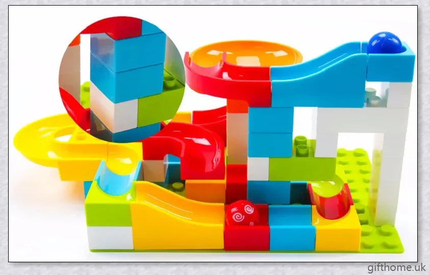 Colourful marble run building blocks in various sizes, perfect for developing problem-solving and creativity in children