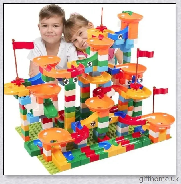 Colourful marble run building blocks in various sizes, perfect for developing problem-solving and creativity in children