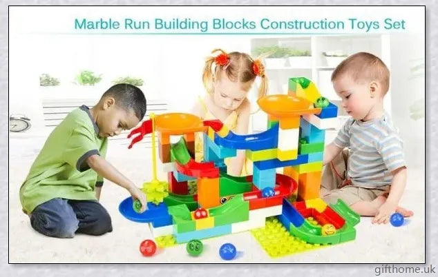 Colourful marble run building blocks in various sizes, perfect for developing problem-solving and creativity in children