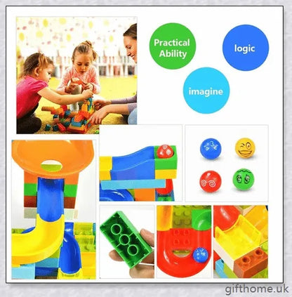 Colourful marble run building blocks in various sizes, perfect for developing problem-solving and creativity in children