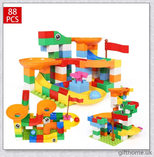Colourful marble run building blocks in various sizes, perfect for developing problem-solving and creativity in children