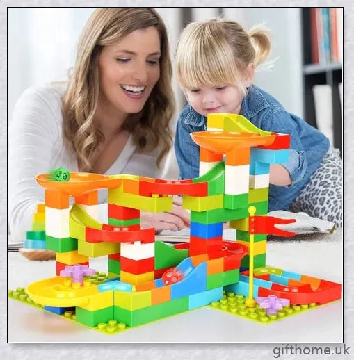 Colourful marble run building blocks in various sizes, perfect for developing problem-solving and creativity in children