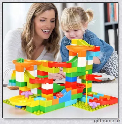 Colourful marble run building blocks in various sizes, perfect for developing problem-solving and creativity in children