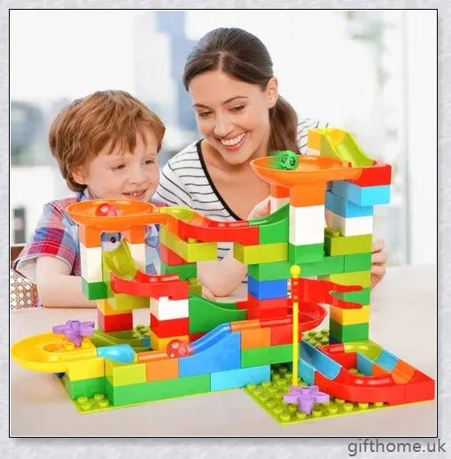 Colourful marble run building blocks in various sizes, perfect for developing problem-solving and creativity in children