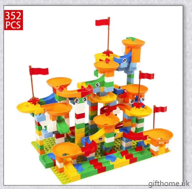 Colourful marble run building blocks in various sizes, perfect for developing problem-solving and creativity in children