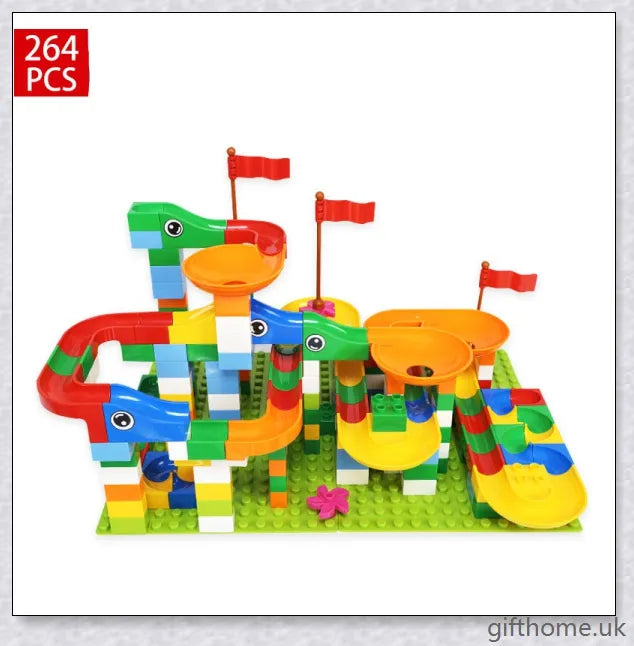 Colourful marble run building blocks in various sizes, perfect for developing problem-solving and creativity in children