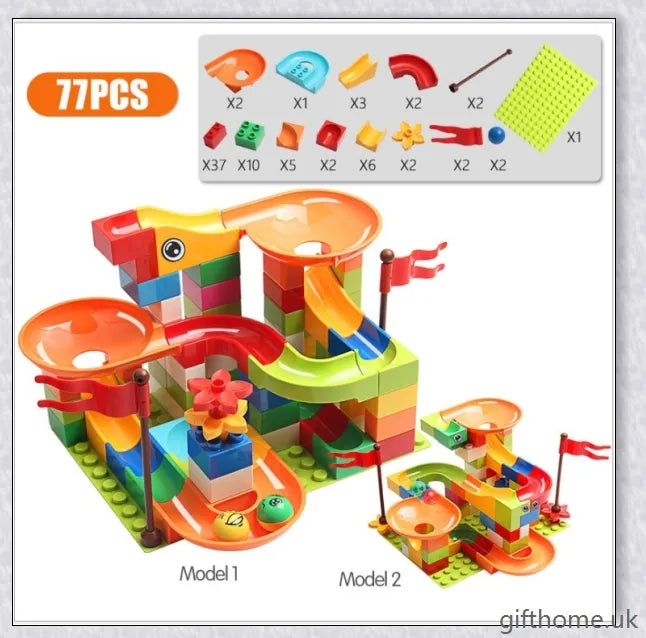 Colourful marble run building blocks in various sizes, perfect for developing problem-solving and creativity in children