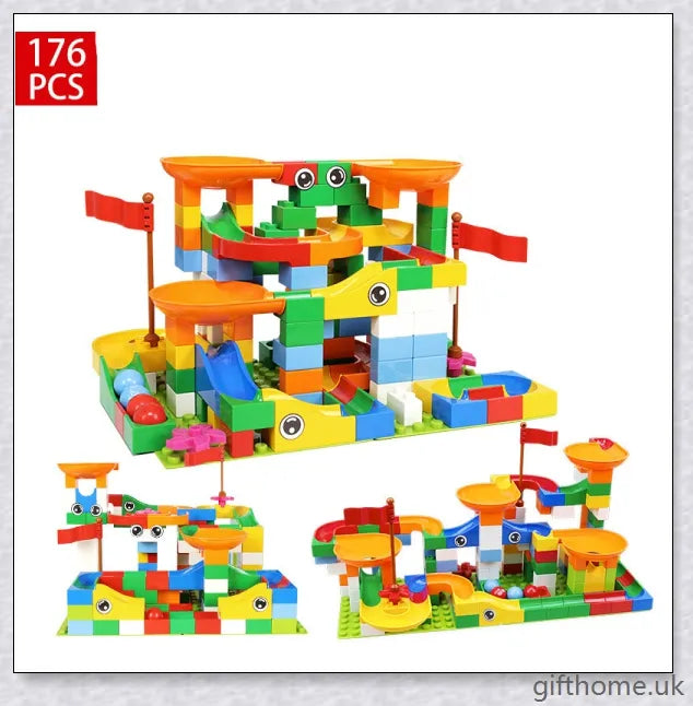 Colourful marble run building blocks in various sizes, perfect for developing problem-solving and creativity in children