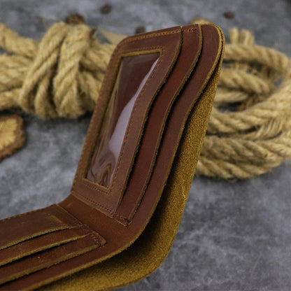 A close-up view of a premium leather wallet in a light brown colour, featuring a single money clip and multiple card slots for organised storage of essentials.